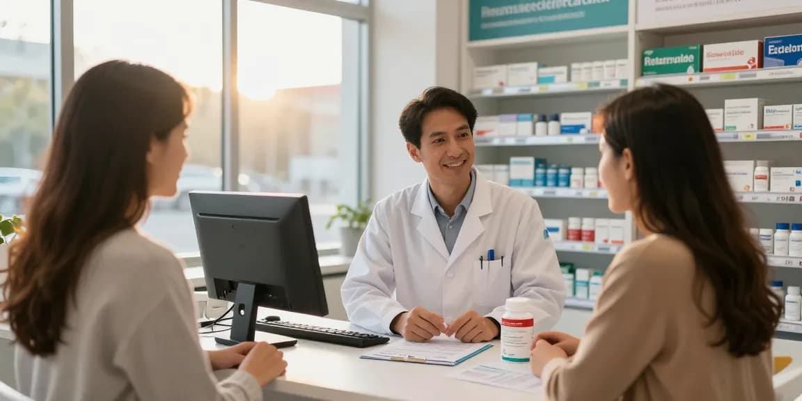 Customer consulting about the best place to buy retatrutide at a modern pharmacy.