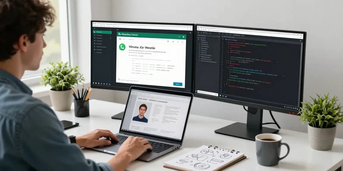 Developer working with WhatsApp網頁版 on dual monitors in a bright workspace.