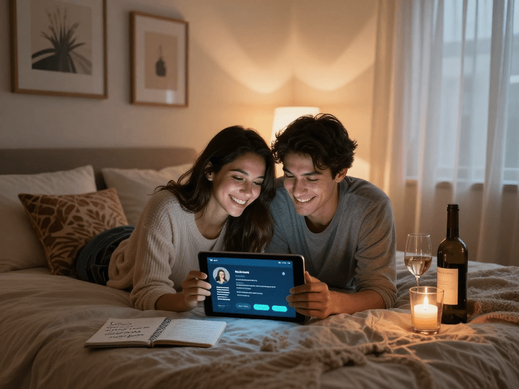 Engaging couple exploring sex AI app in cozy bedroom atmosphere