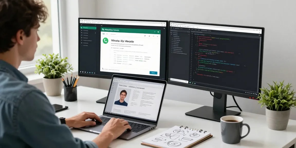 Developer working with WhatsApp網頁版 on dual monitors in a bright workspace.
