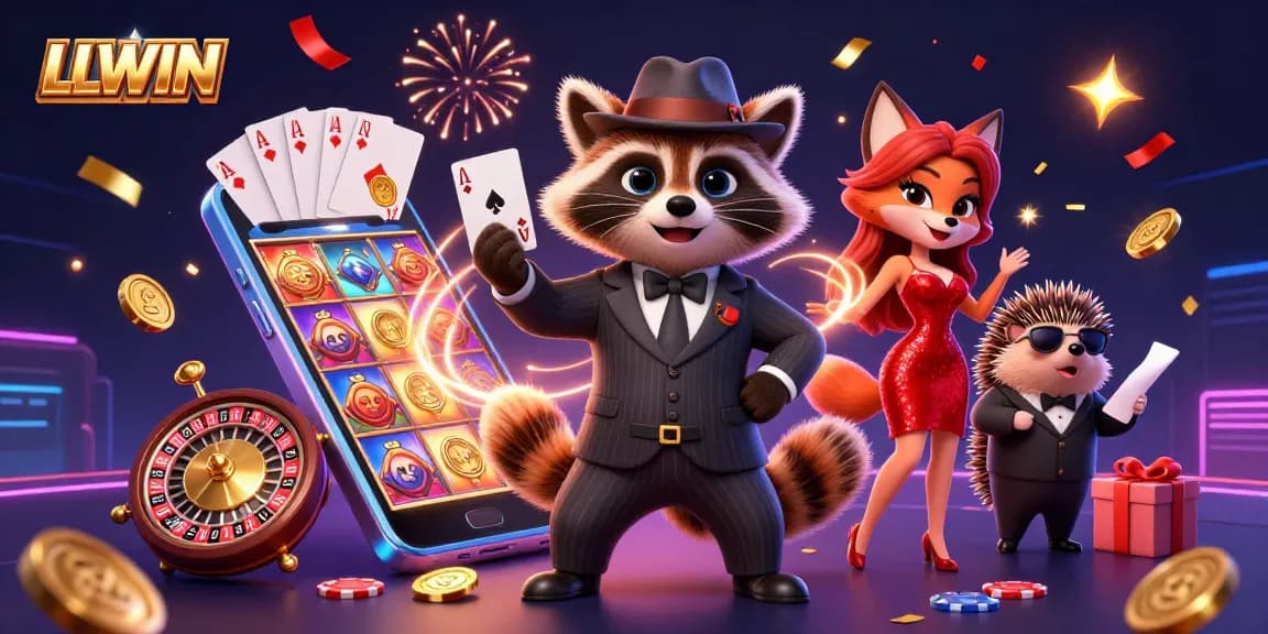 Experience the excitement of LLWIN with a charming raccoon in a casino setting celebrating a royal flush.