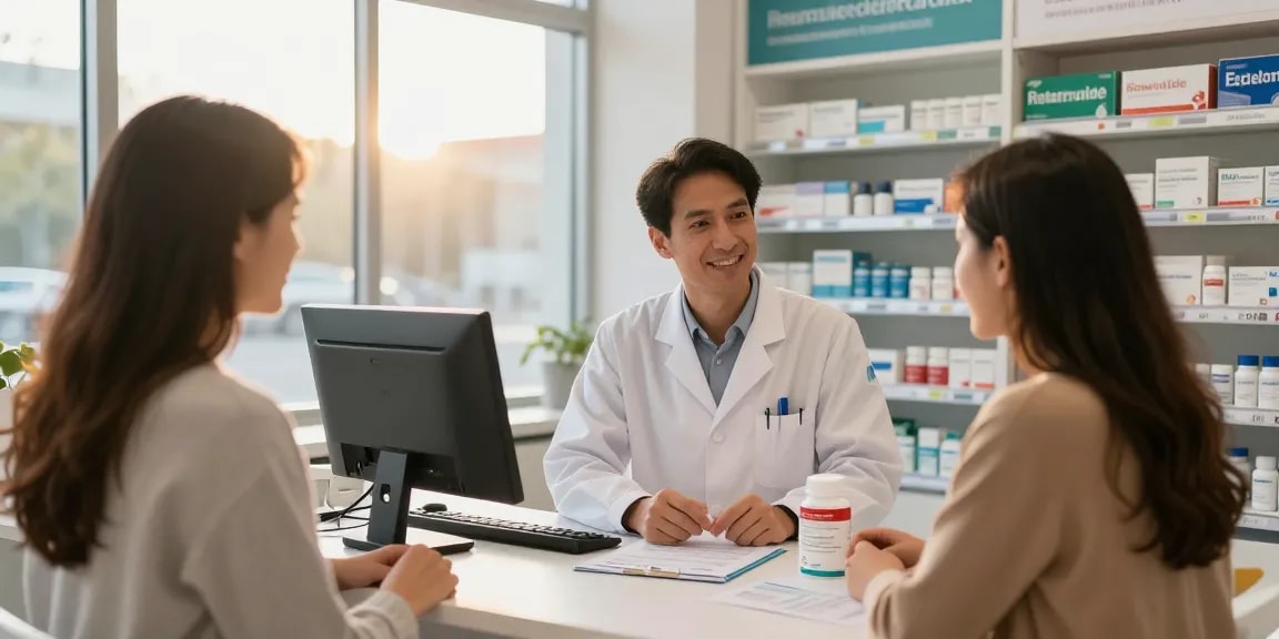Customer consulting about the best place to buy retatrutide at a modern pharmacy.