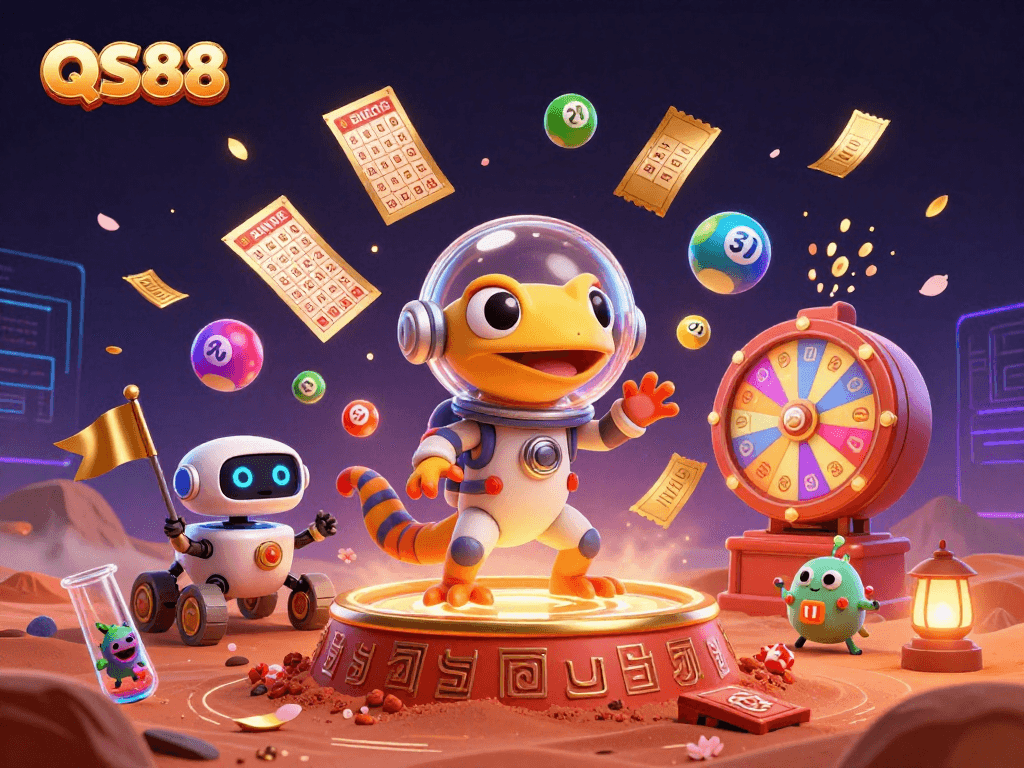 QS88 casino adventure: Martian gecko explores a galaxy of vibrant games and golden surprises.