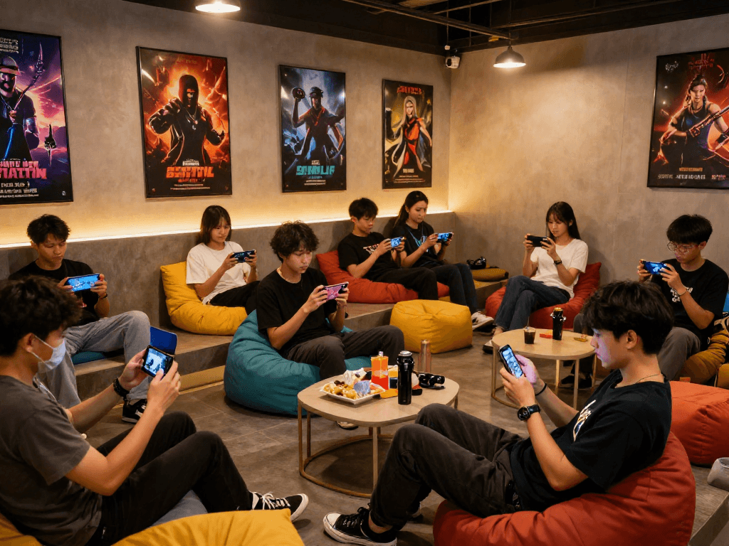 Group enjoying a mobile porn game in a vibrant gaming lounge.