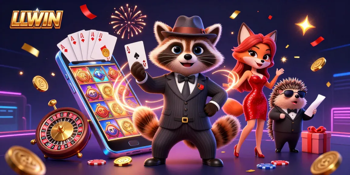 Experience the excitement of LLWIN with a charming raccoon in a casino setting celebrating a royal flush.