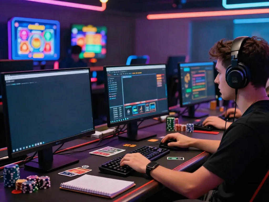 SIN88 nhà cái gaming experience with user immersed in vibrant digital casino.