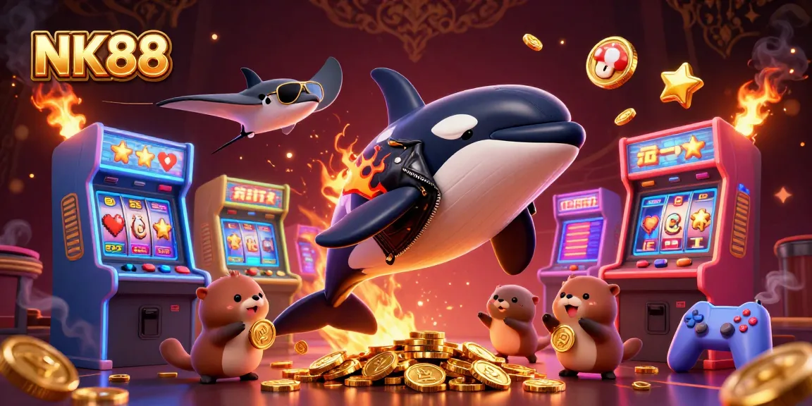 Join the fun with NK88 as the orca whale celebrates big wins amidst dazzling casino elements.