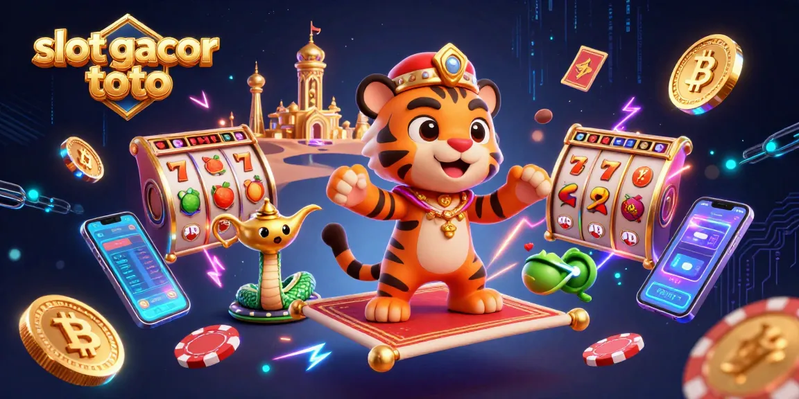 Engage in slot gacor toto with a vibrant 3D scene showcasing a tiger sultan, flying carpet, and casino elements.