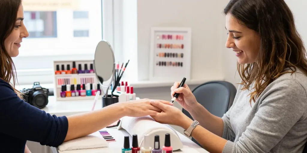 BIAB Nails Colchester - A professional nail technician applies BIAB nails in a vibrant salon, showcasing nail art.