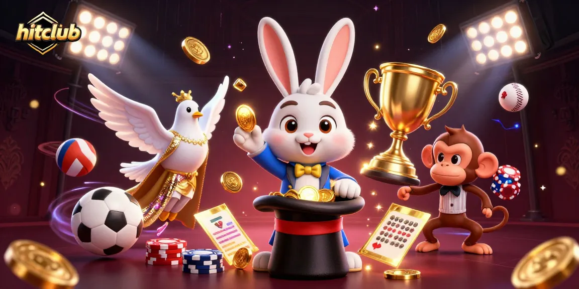 Hitclub's vibrant scene showcases the magician rabbit and elements of sports betting with dynamic energy.