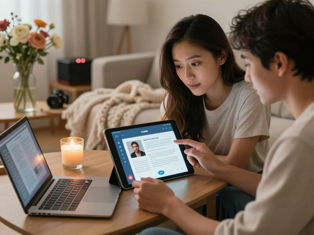 Couple interacting with sex AI application in a cozy home setting, showcasing technology's role in intimacy.