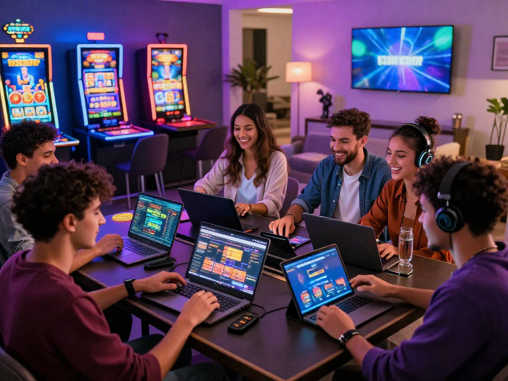 Exciting crypto casino scene with friends enjoying gaming and technology in a vibrant, modern setting.