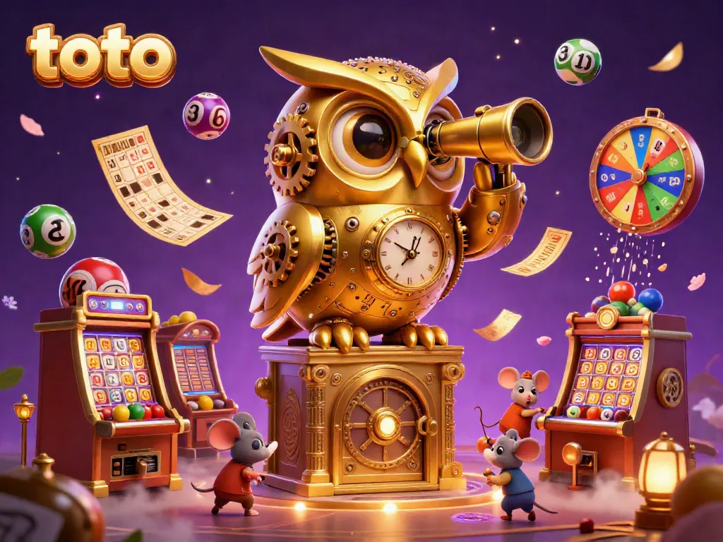 Engage with the captivating casino scene featuring the otomowls surrounded by vibrant lottery elements.
