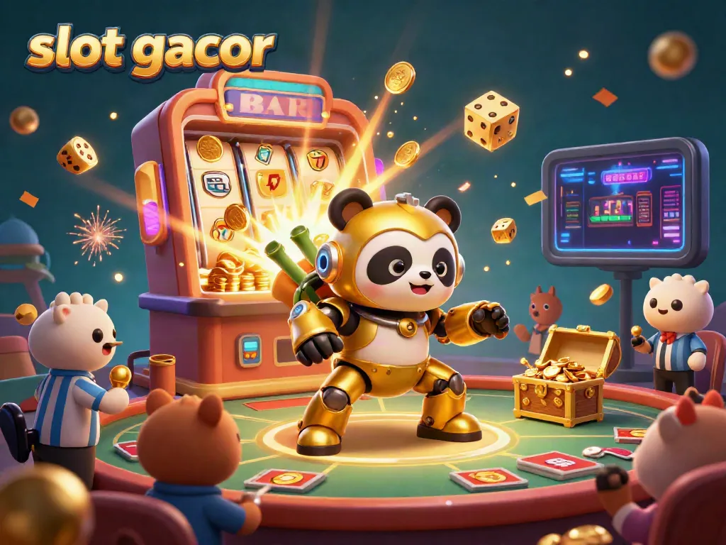 Experience the excitement of slot gacor with a vibrant 3D illustration of a panda in a gaming arena.