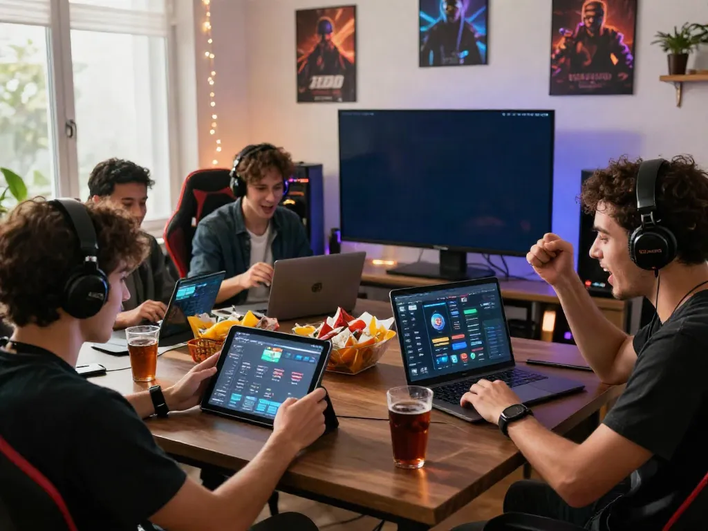 Friends engrossed in the 11Bet app, showcasing an engaging gaming atmosphere.