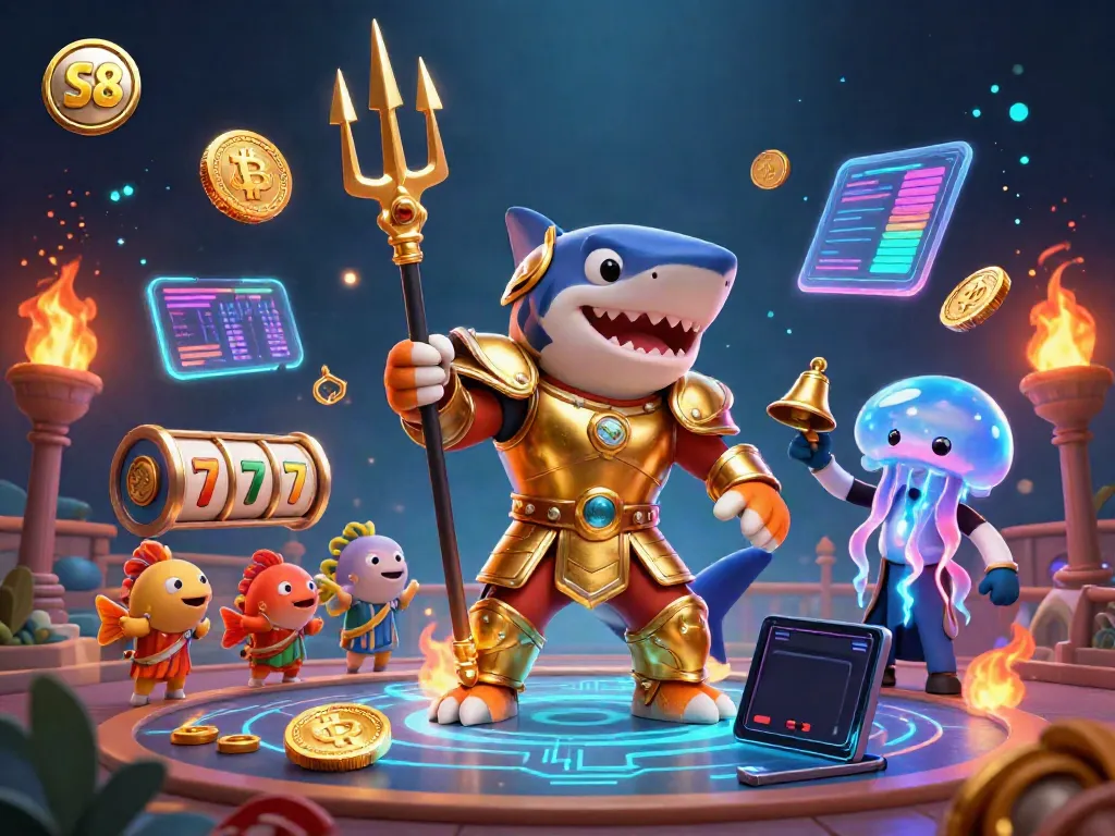 Engage with the S8 casino scene featuring a golden armored shark amidst exciting slot reels and crypto elements.