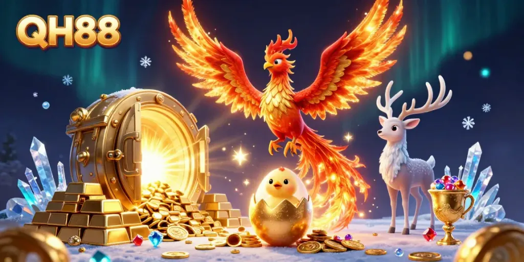 Experience the excitement of QH88 with a vibrant illustration of a phoenix, symbols of fortune, and jewels.