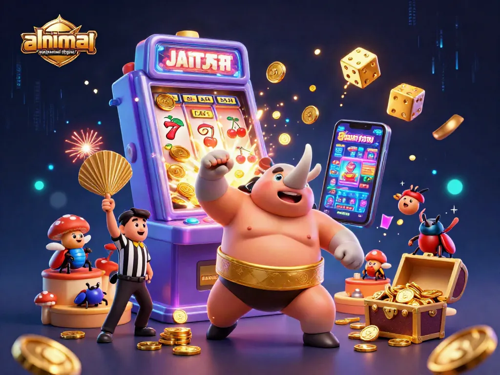 Engage with ahimajournal-digital in a vibrant 3D depiction of a sumo beetle in a casino scene, celebrating wins.