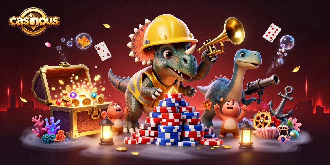 Casinous celebrates mobile gaming with a triceratops stacking poker chips and a joyful crew.