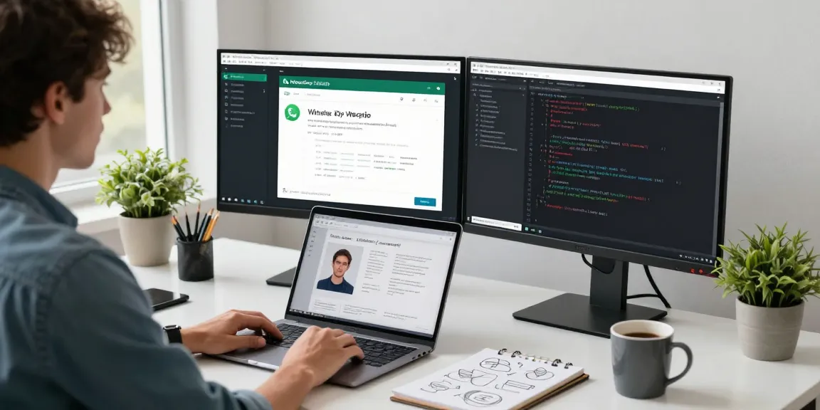 Developer working with WhatsApp網頁版 on dual monitors in a bright workspace.