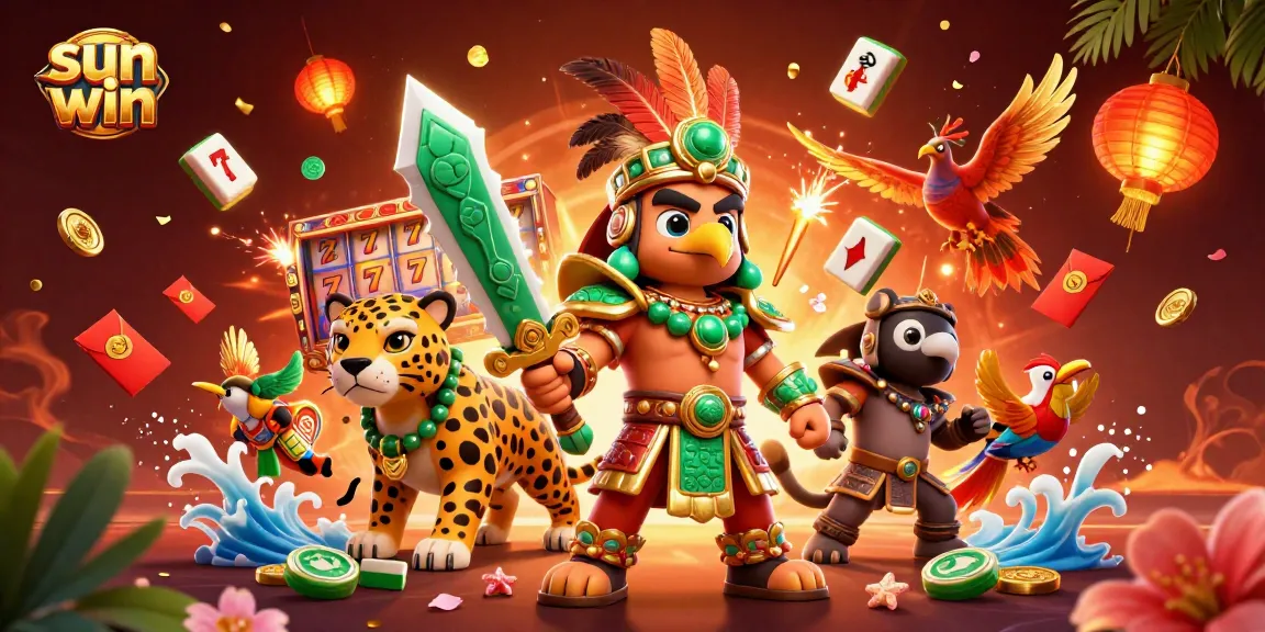 Experience thrilling action with sun win alongside Aztec warriors and vibrant casino elements.