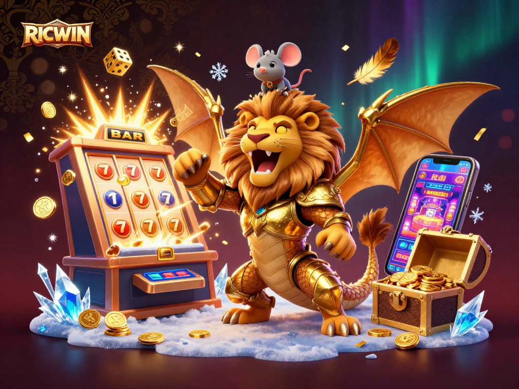 Engage with RICWIN's thrilling jackpot scene featuring a golden chimera and exciting casino elements.