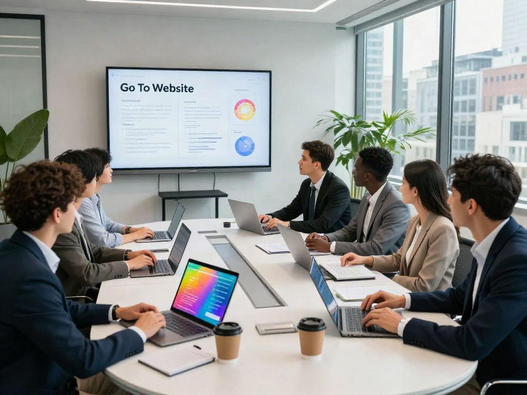 Team discussing strategies to go to website in a modern conference room.