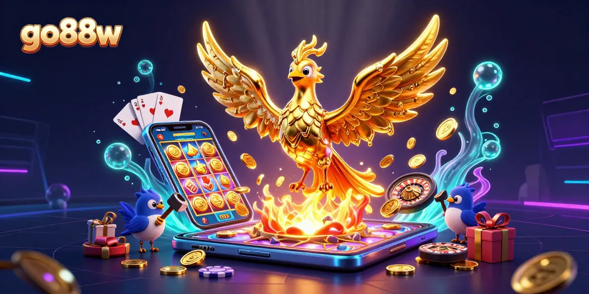 Engage with go88w's dynamic 3D casino illustration showcasing golden phoenix, slot games, and vibrant rewards.
