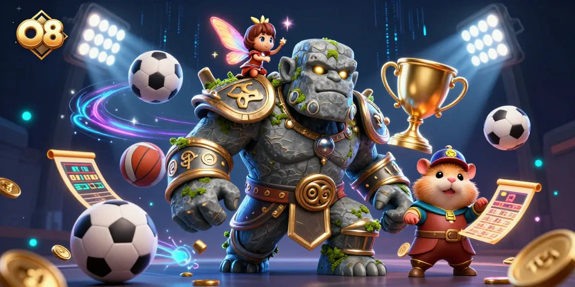 Experience thrilling gameplay at O8 with a dynamic illustration featuring magical guardians and sports elements.
