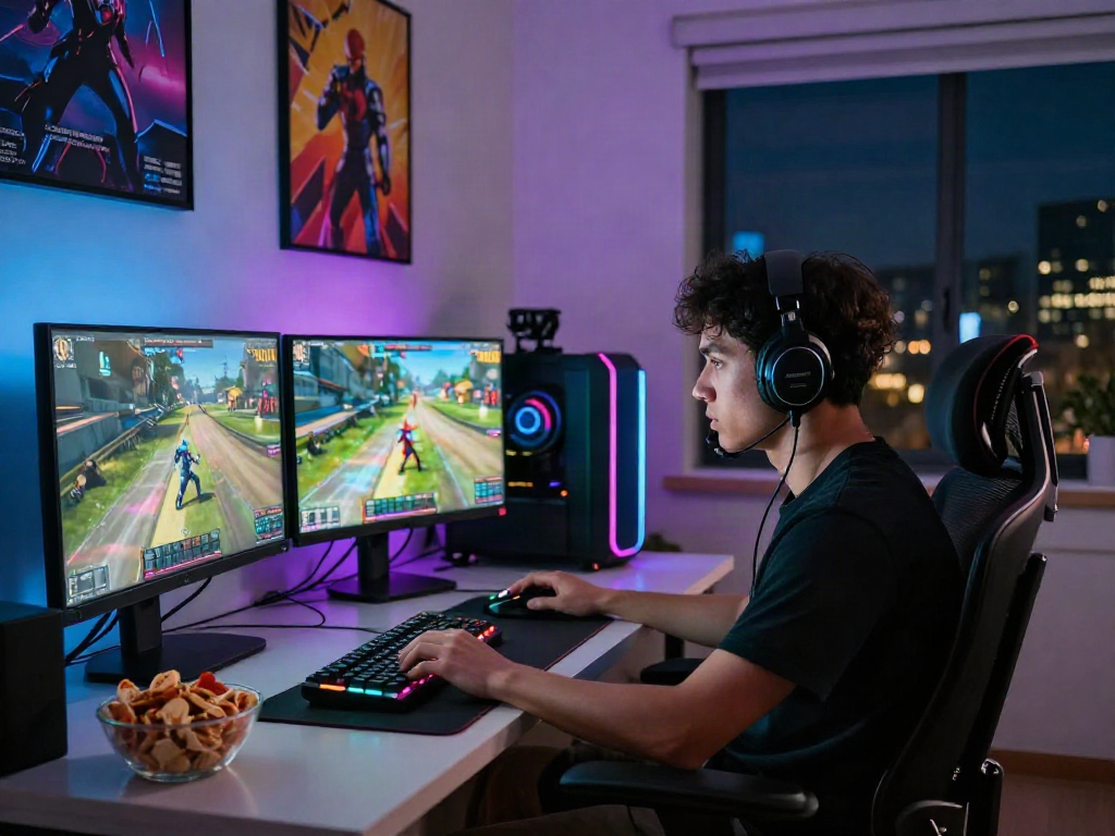 Gamer at setup using https://789win11.org/ for immersive gaming experience with multiple monitors, RGB lighting, and snacks.