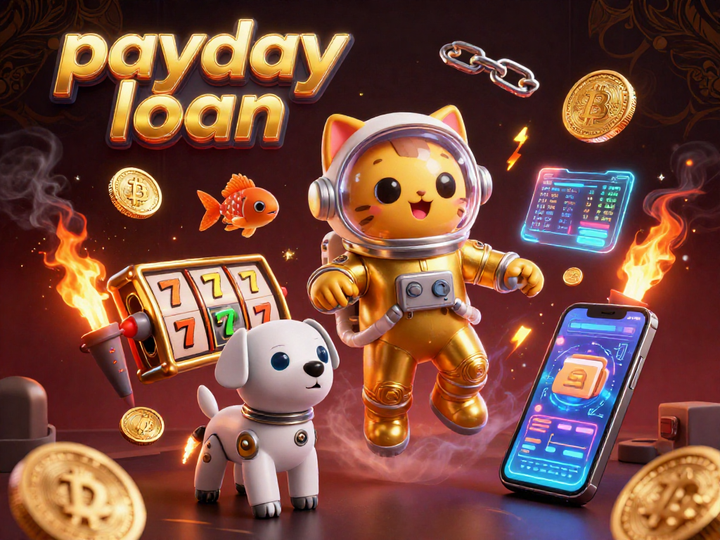 Engage with payday loan insights in a vibrant cartoon casino scene featuring a space astronaut cat and dynamic gaming elements.