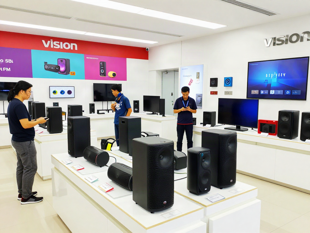 Showcasing Vision Speaker prices in a vibrant retail electronics store.