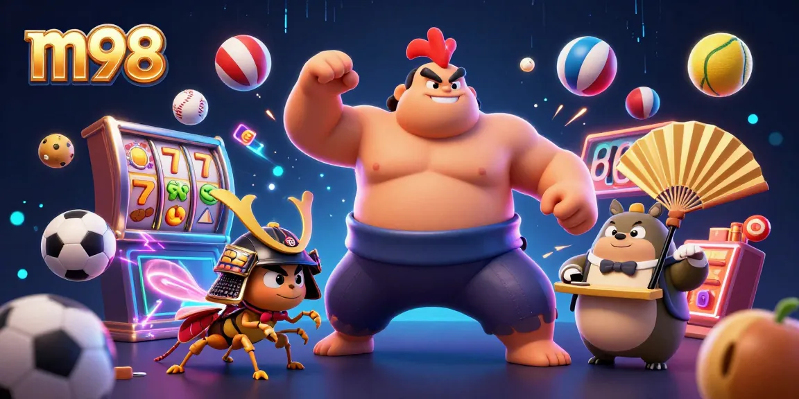 Experience the vibrant m98 casino action with an energetic sumo rooster, fierce cricket, and rich game elements!