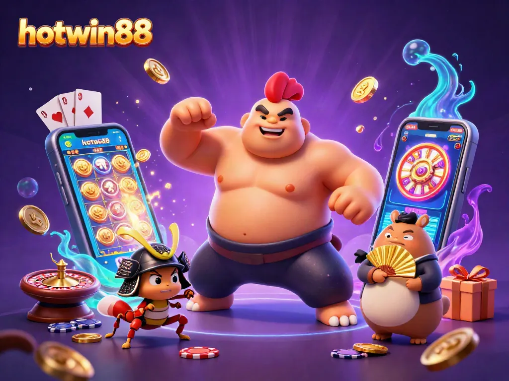 Engage with hotwin88's vibrant casino atmosphere featuring a sumo rooster, samurai cricket, and dynamic slot game.
