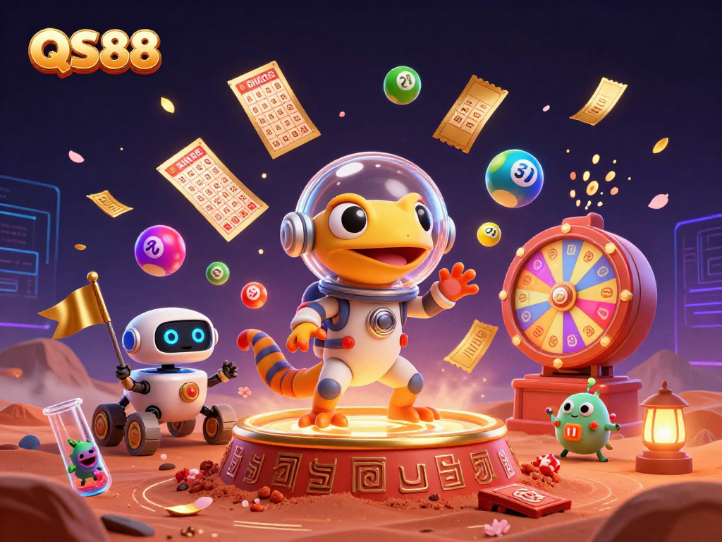 QS88 casino adventure: Martian gecko explores a galaxy of vibrant games and golden surprises.