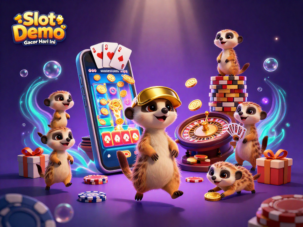Slot Demo Gacor Hari Ini showcases energetic meerkats in a vibrant casino setting, ideal for gamers.