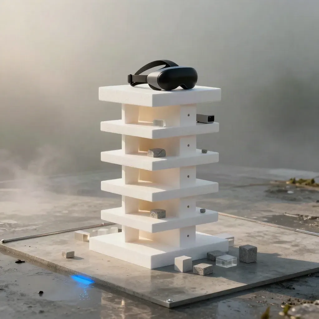 Foam architectural site model with AR headset, sensor pod, stone chips and blue reflections on wet concrete.