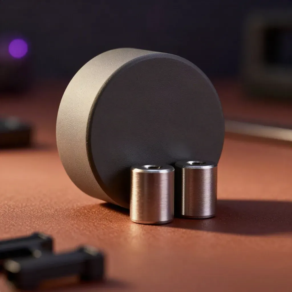 Macro of a sensor puck, enclosure shell, and aluminium standoffs on a terracotta workbench.