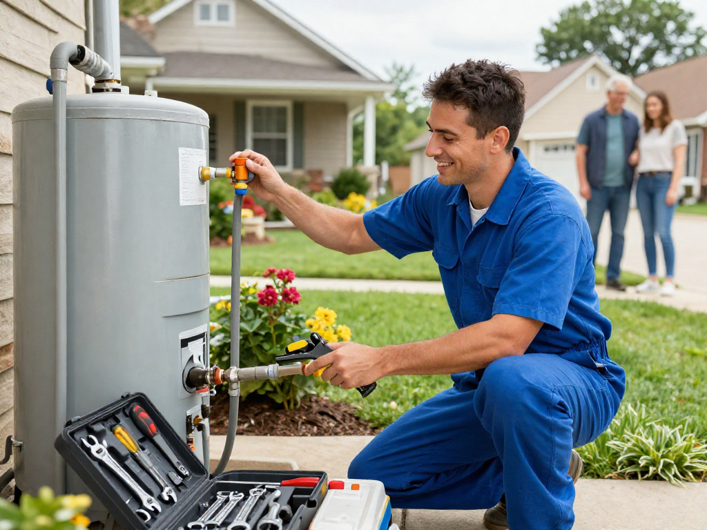 Expert water heater repair Fort Worth technician assisting in a sunny neighborhood setting with tools.