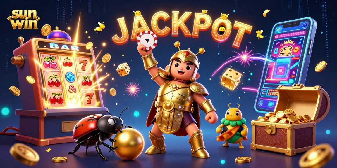 Experience sun win like never before with a victory pose from our hero beetle in golden armor at an exciting casino scene.