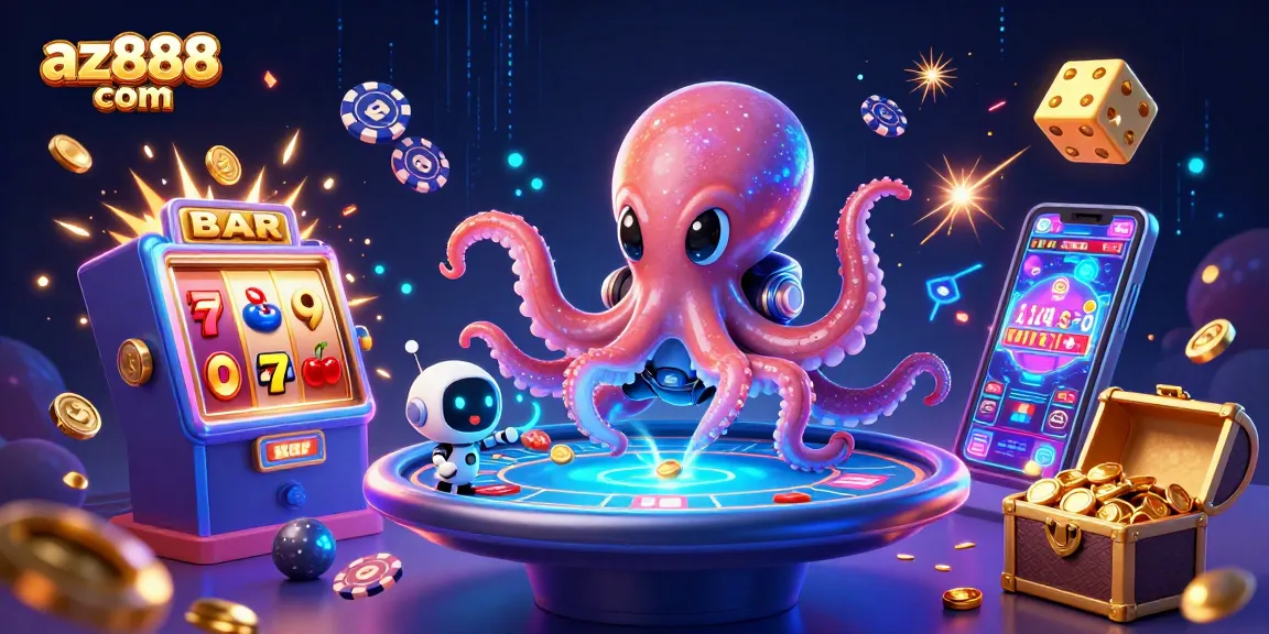 Experience exciting games at az888 com with a lively scene featuring a cosmic octopus and vibrant slot action.