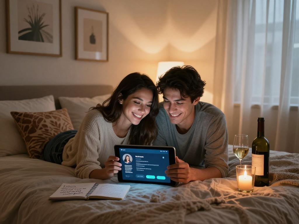 Engaging couple exploring sex AI app in cozy bedroom atmosphere