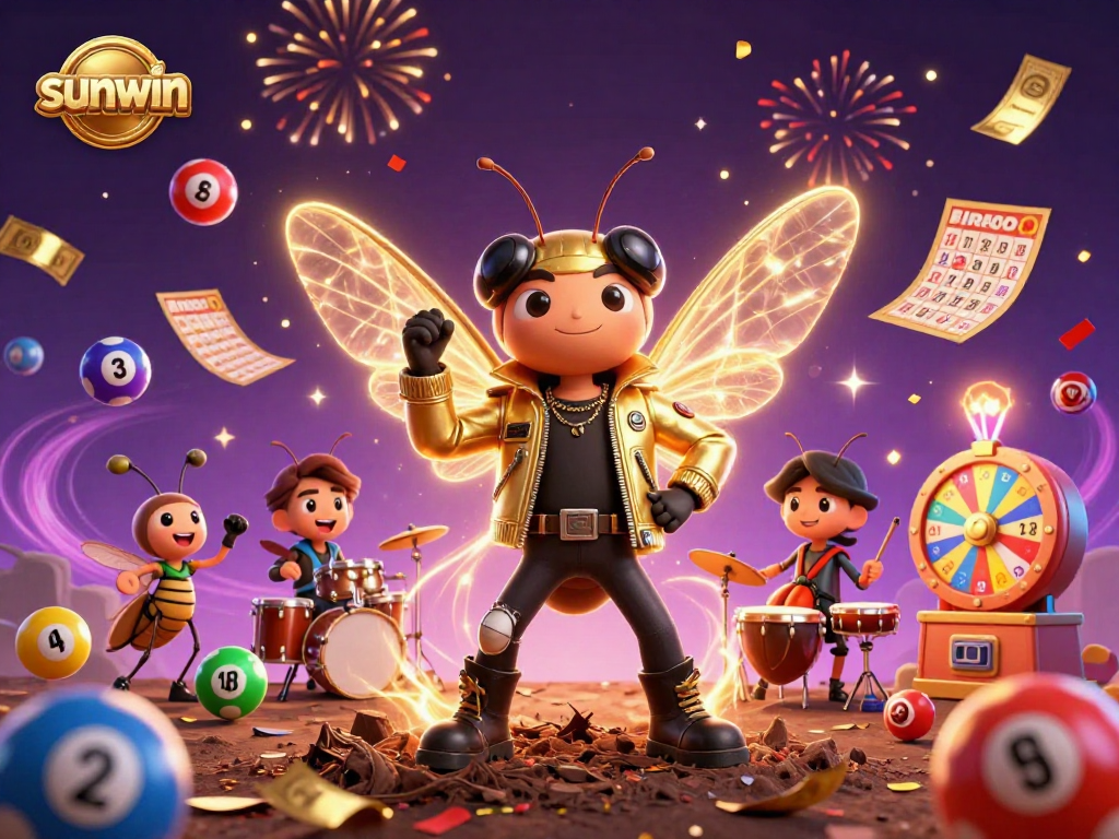 Experience thrilling wins with sunwin as a cartoon cicada rock star and vibrant lottery elements come to life.
