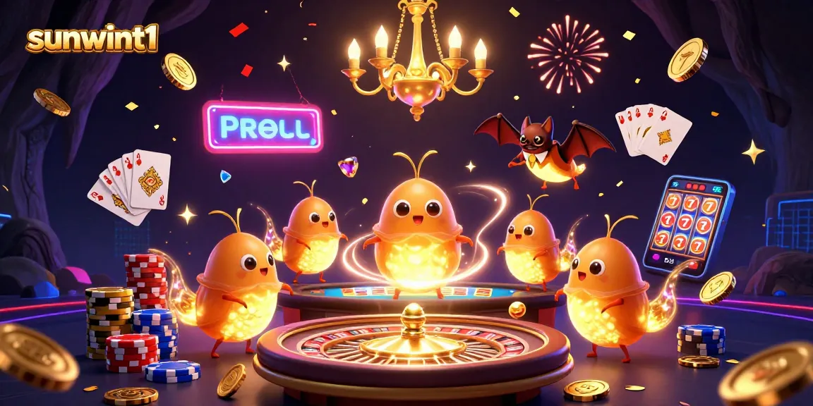 Engage in thrilling gameplay at sunwint1, featuring sparkling gems, vibrant poker chips, and animated casino scenes.