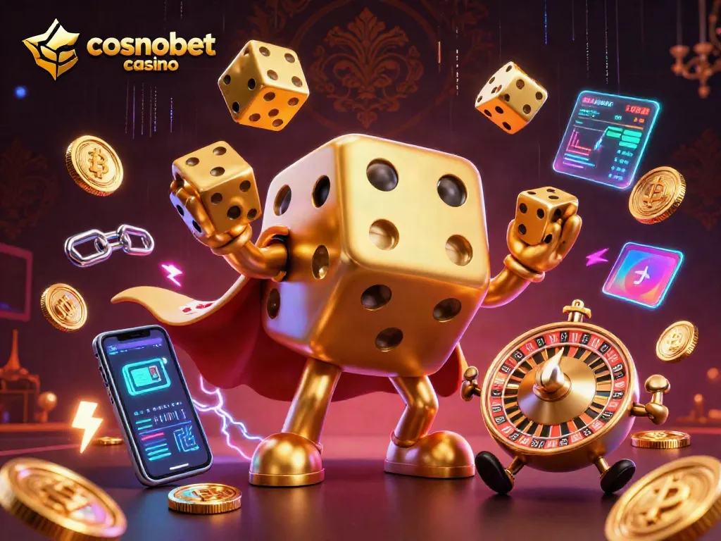 Engage with cosmobet casino through a vibrant 3D illustration showcasing dynamic gambling characters and crypto elements.