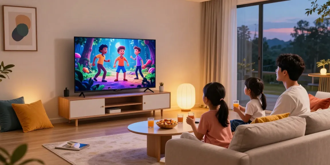 Family enjoying movie night on a mini LED TV in a cozy living room setting.