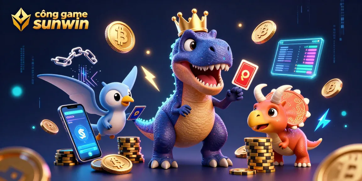 Engage with cổng game sunwin through exciting 3D cartoon dinosaurs playing cards and stacking chips.