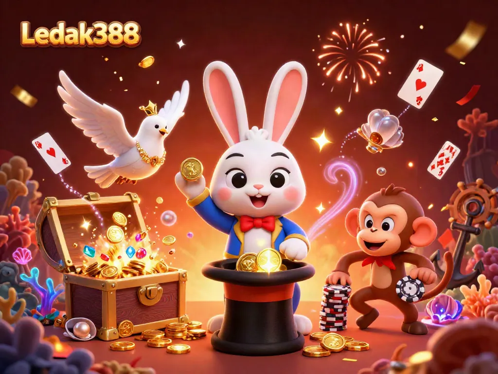 Experience the magic of Ledak388 with a 3D rabbit magician, colorful coins, and poker chips in this lively casino scene.