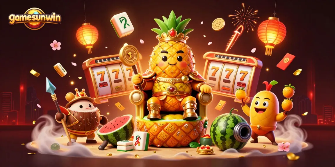 Experience the thrill of gamesunwin at this vibrant casino scene featuring a golden pineapple king.