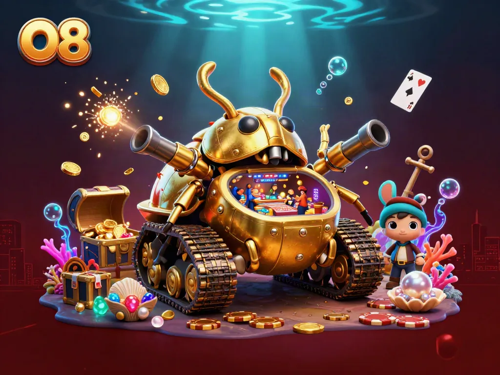 Spin the reels at O8 with a vibrant casino scene featuring miniature gameplay and exciting elements.